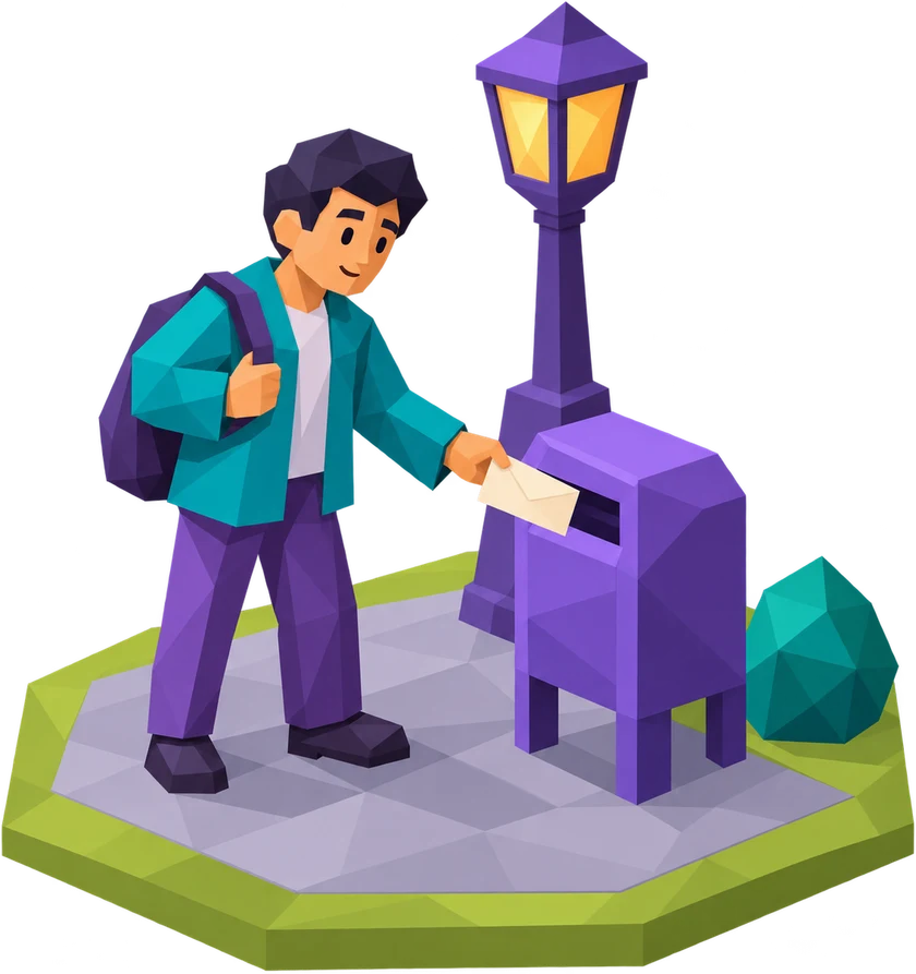 A player dropping a letter into a violet city mailbox under a street lamp